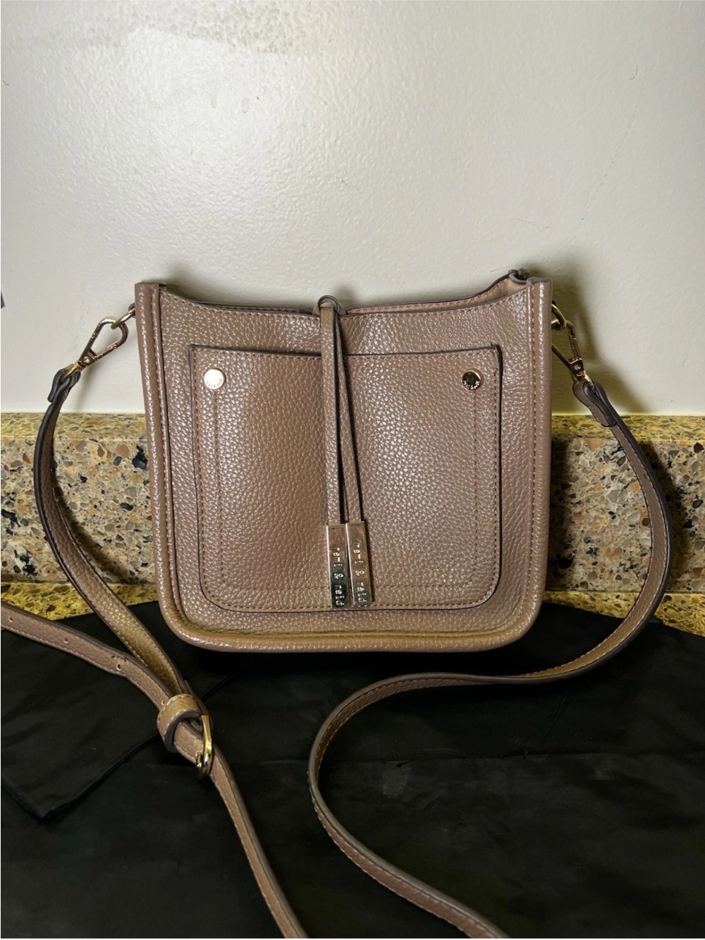 Taupe Pebbled Vegan Leather Crossbody Bag with Front Phone Pocket 8x7x2”